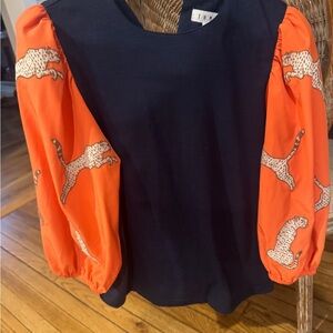 THML Navy Top with Vibrant Orange Leopard Sleeves